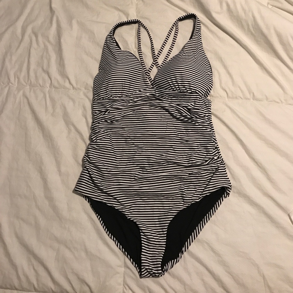 Black and White striped reversible one piece