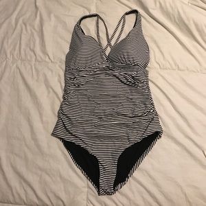 Black and White striped reversible one piece