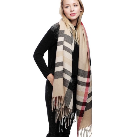 Beige Plaid Check Fringe Oblong Scarf - Picture 1 of 2