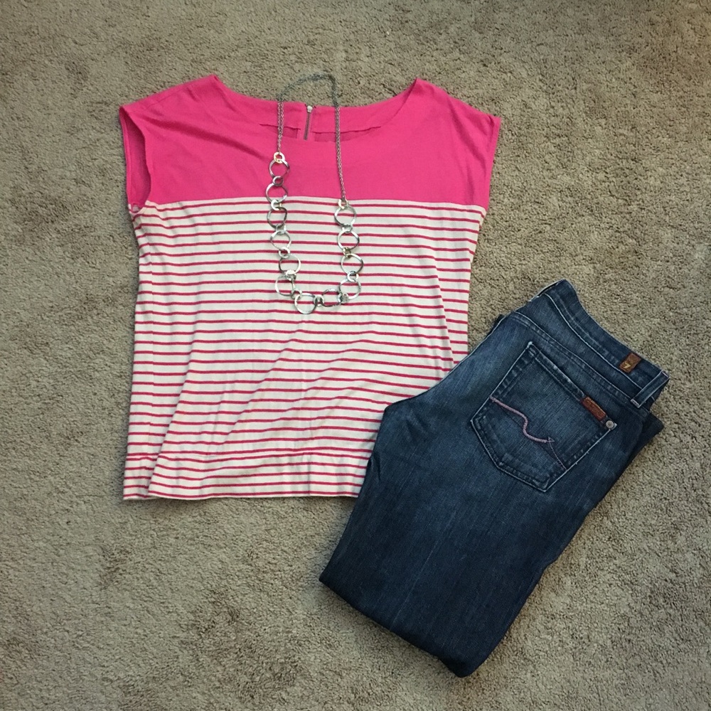LOFT - Bright Pink and Ivory Striped Shirt