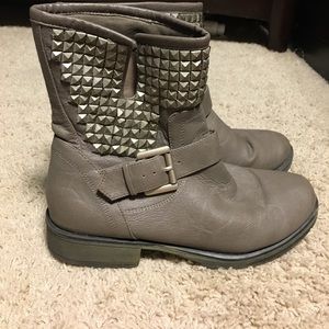 Grey/Taupe Studded Buckle Moto Booties