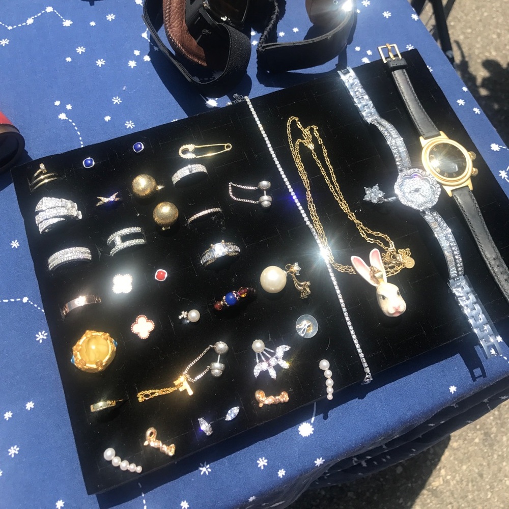 Earrings. Rings and watches