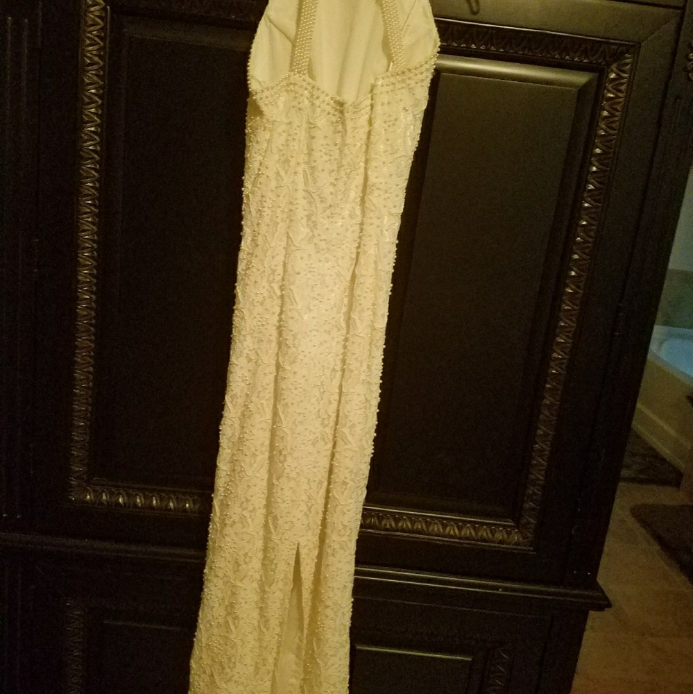 wedding dress w head accessory and dress tail