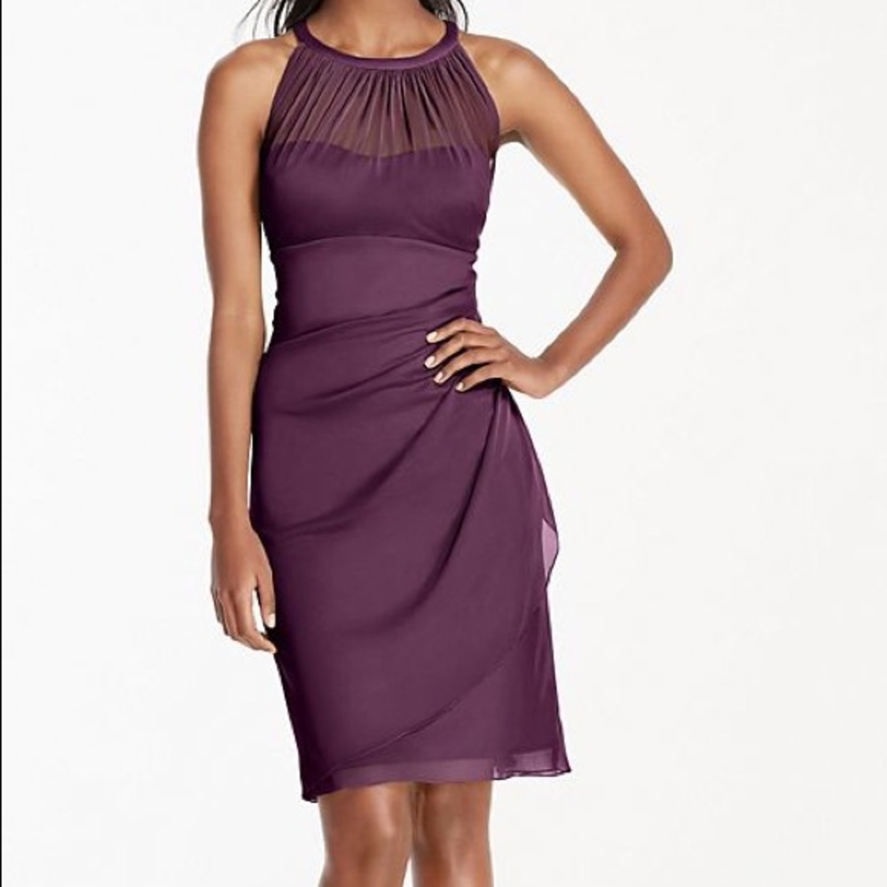 David's Bridal Sleeveless Short Mesh Dress in plum
