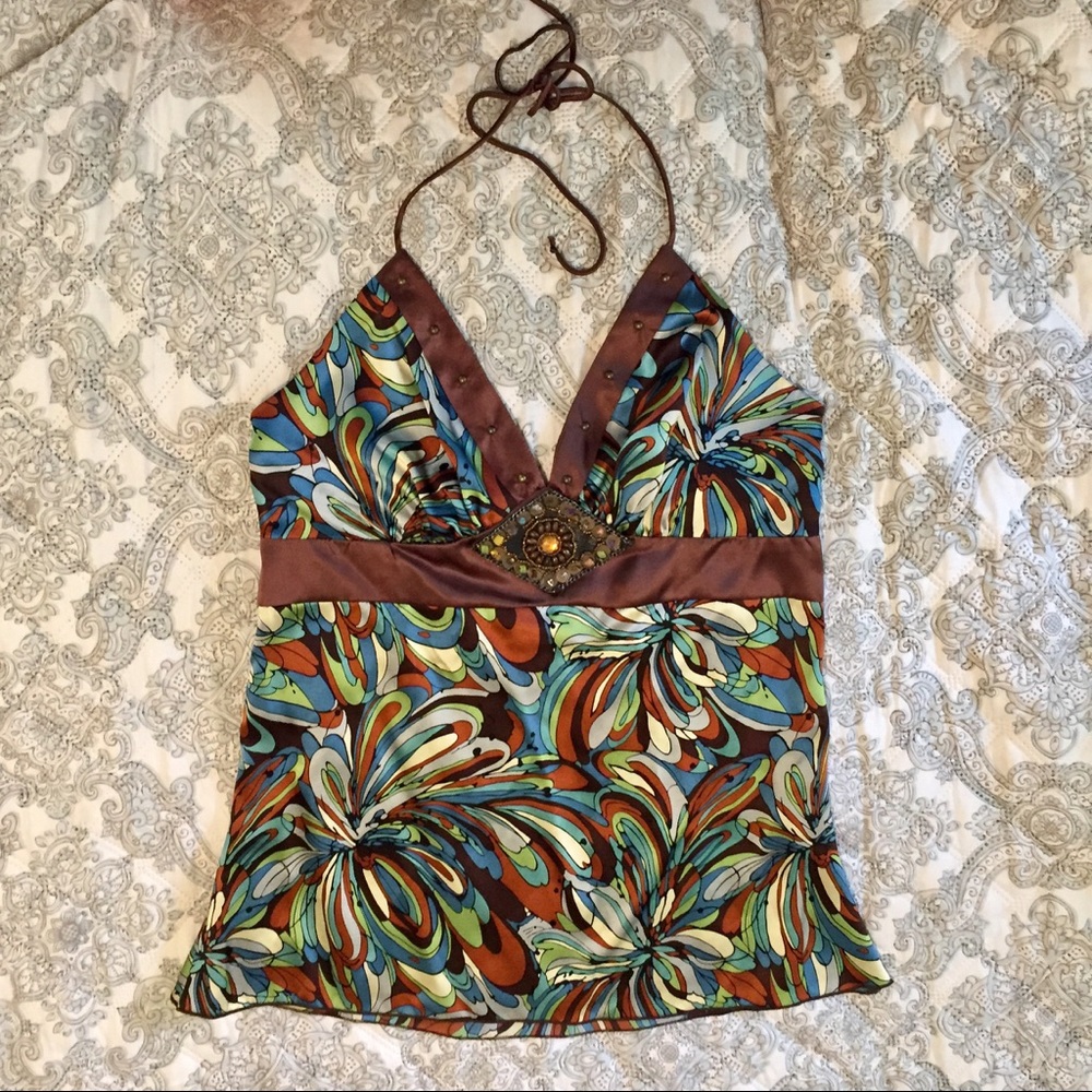 HP🎉 ANTHRO Boho [100% Silk] Top, Jewel Accents