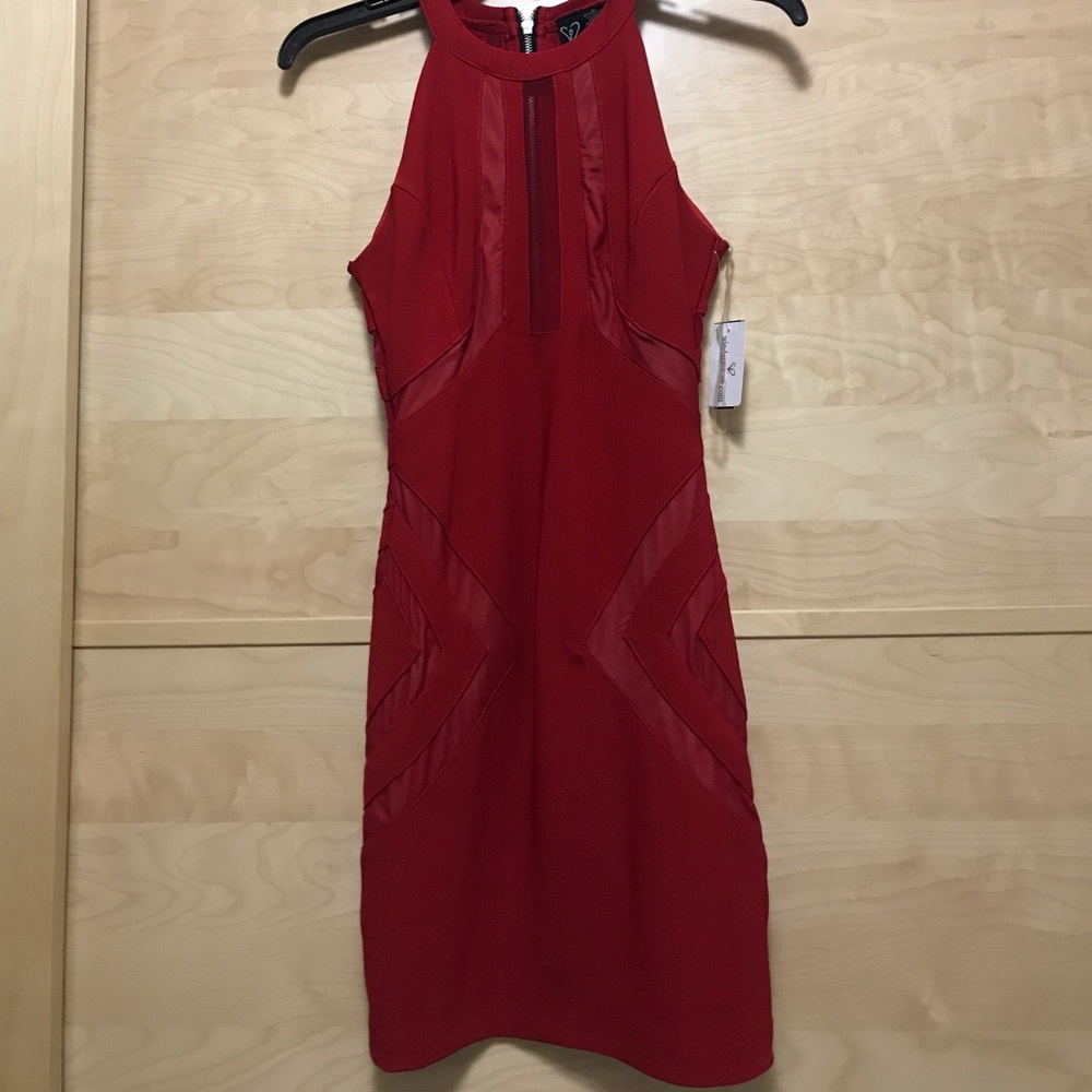 Red high neck mini dress