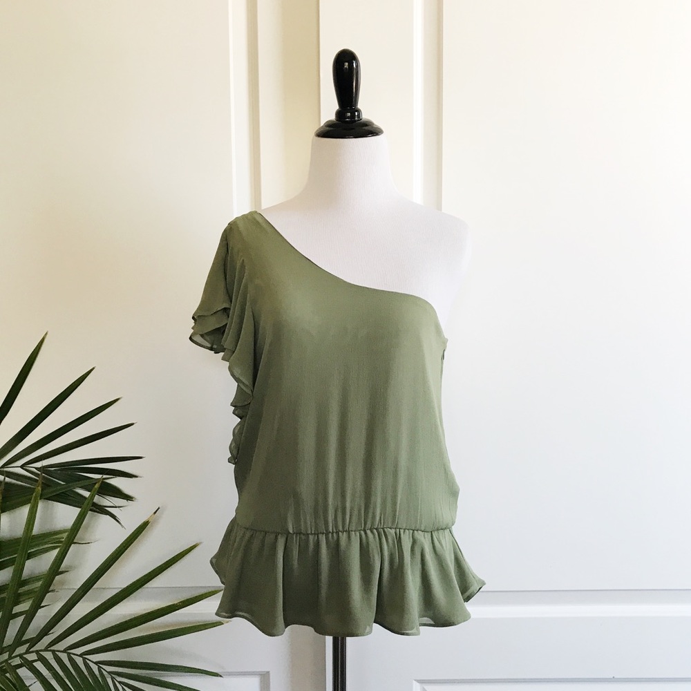 Isabel Lu Olive Green One Shoulder Silk Top