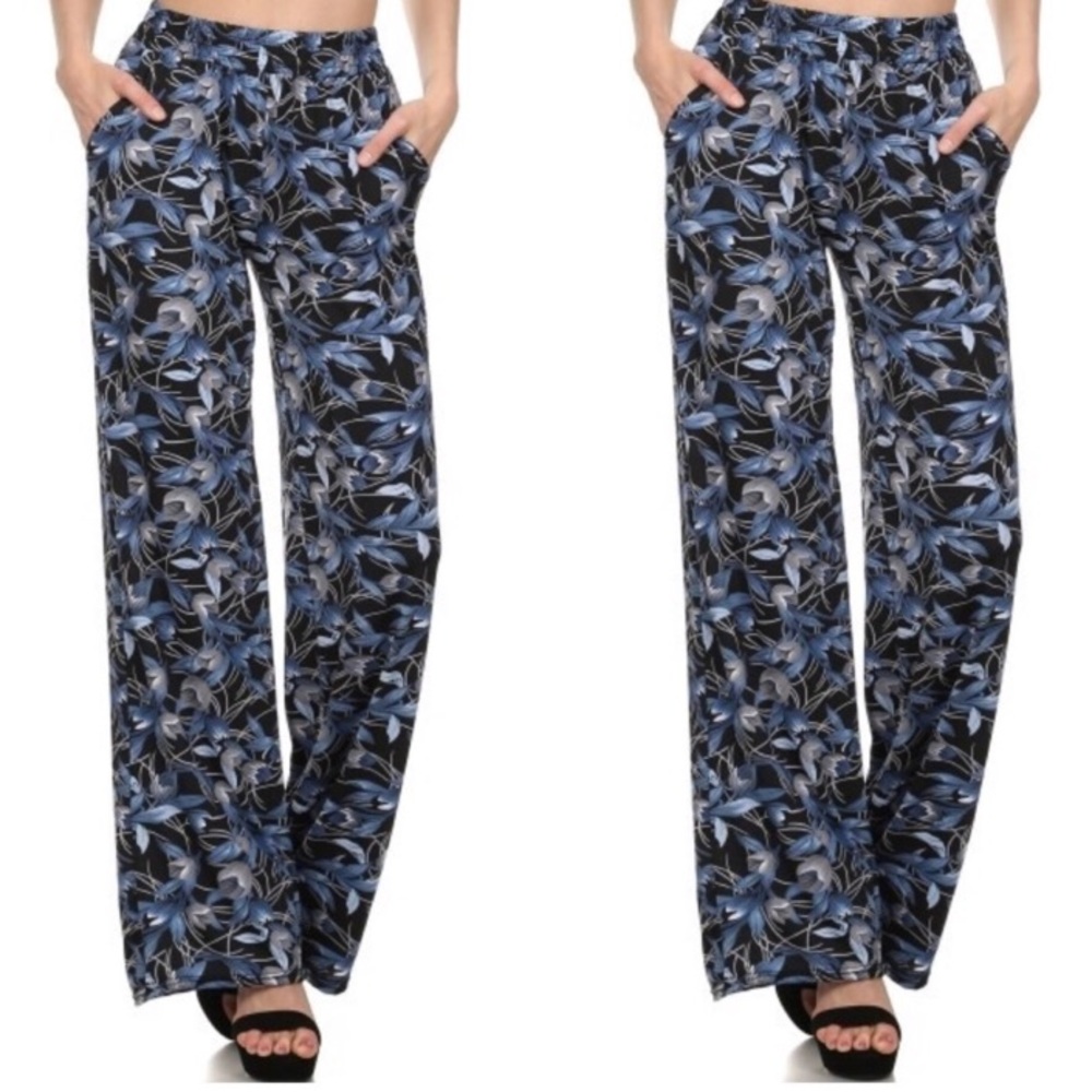 Floral Wide Leg Pants Woman's Medium Large Blue