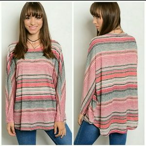 SCOOP NECK THERMAL, LOOSE FIT STRIPED TOP
