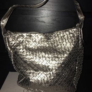 Elliott Lucca silver leather woven handbag