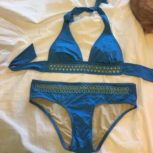 Kathleen Cook, size small beaded blue bikini top