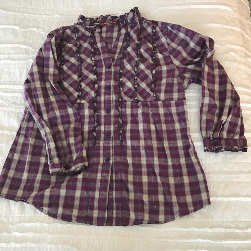 Purple Plaid Ruffle Three Quarter Sleeve Shirt