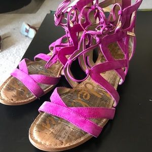 Fuchsia pink same Edelman lace up wedge sandals
