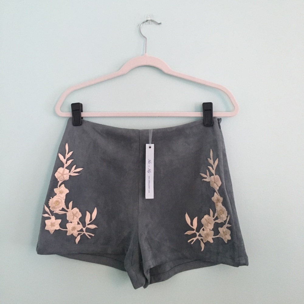 She and Sky Faux Suede Embroidered Shorts