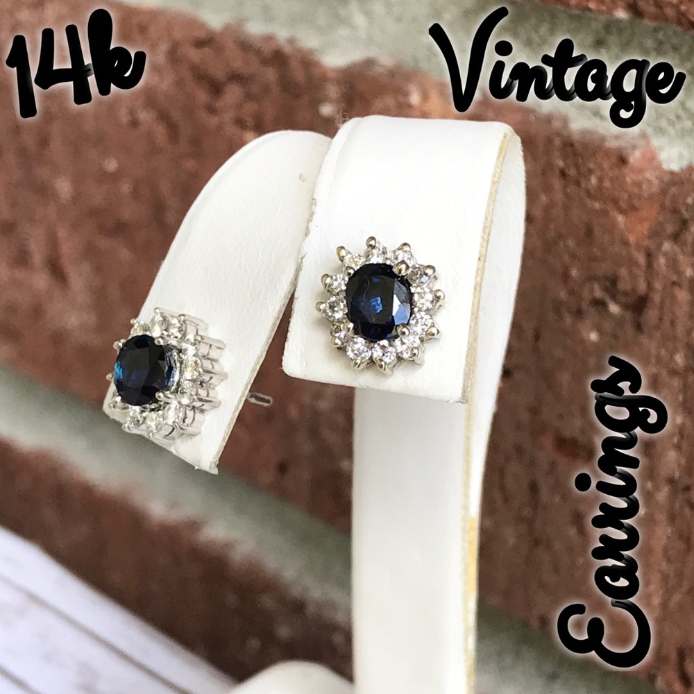 14k White Gold Vintage Sapphire & Diamond Earrings