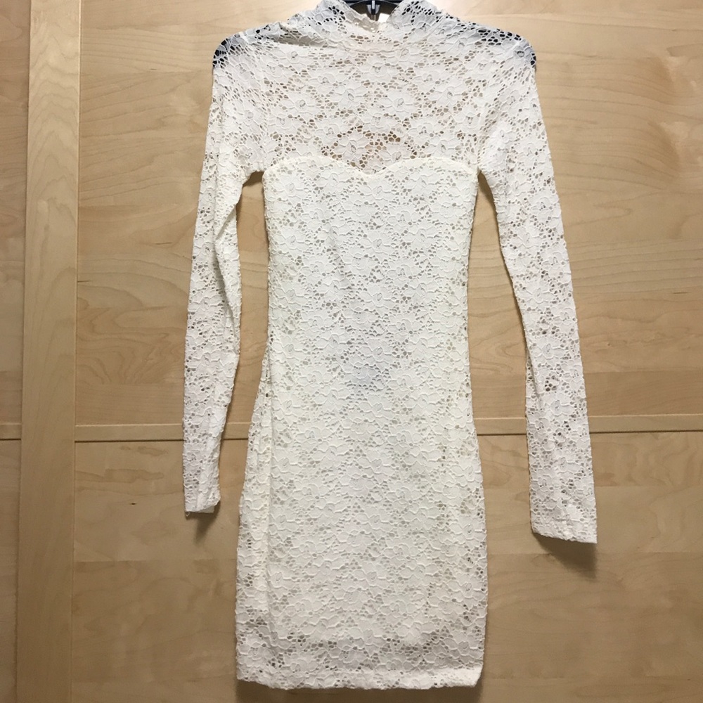 White lace turtle neck long sleeve mini dress