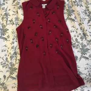 Burgundy Sleeveless Top with Black/Yellow Beading
