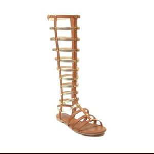 Brown and gold gladiator sandals