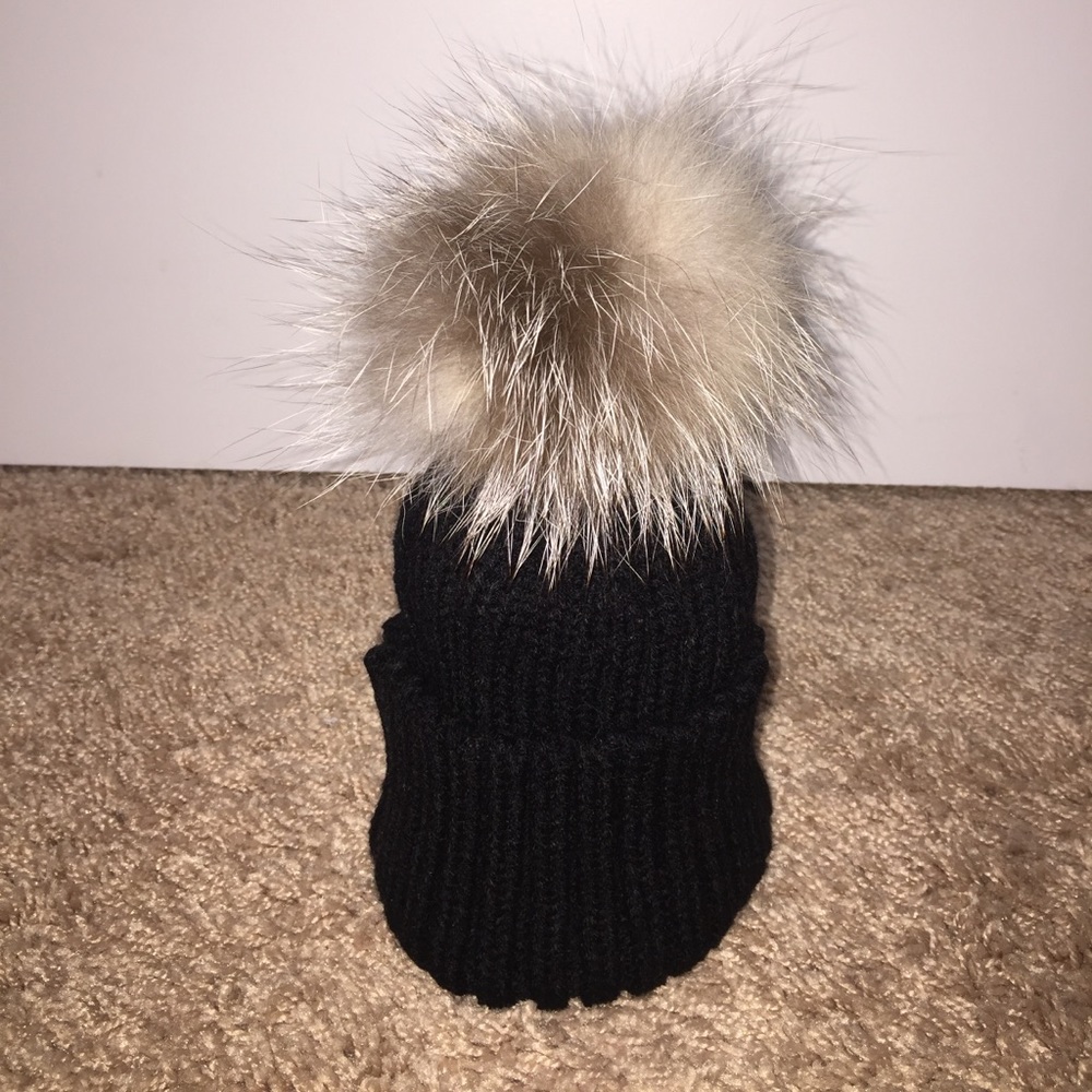 Baby/Kids Black Knit Crystal Fox Fur Pom Pom Hat