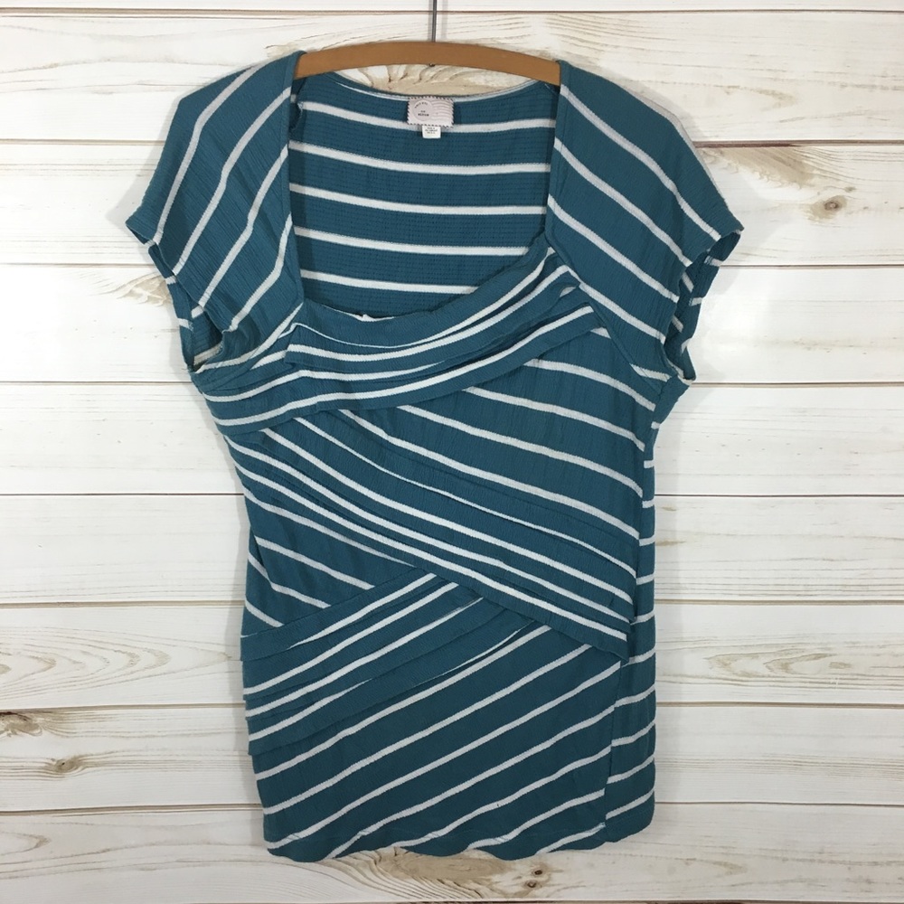 Anthropology Postcard Teal Striped Ruffle Shirt M