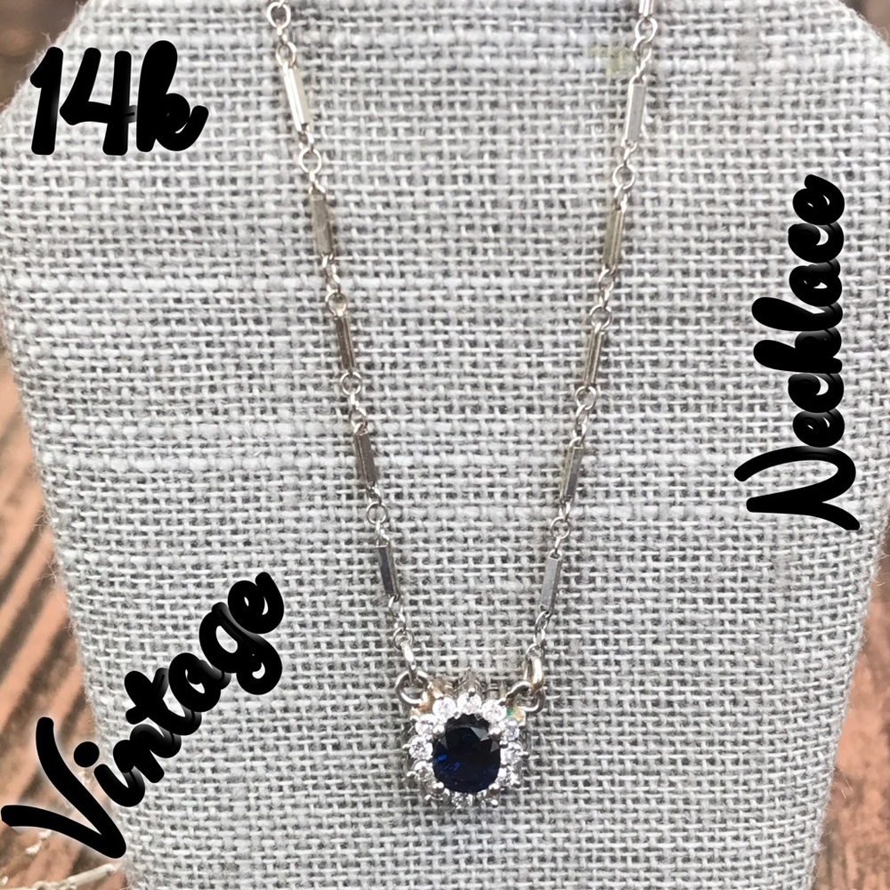 14k White Gold Vintage Sapphire & Diamond Necklace