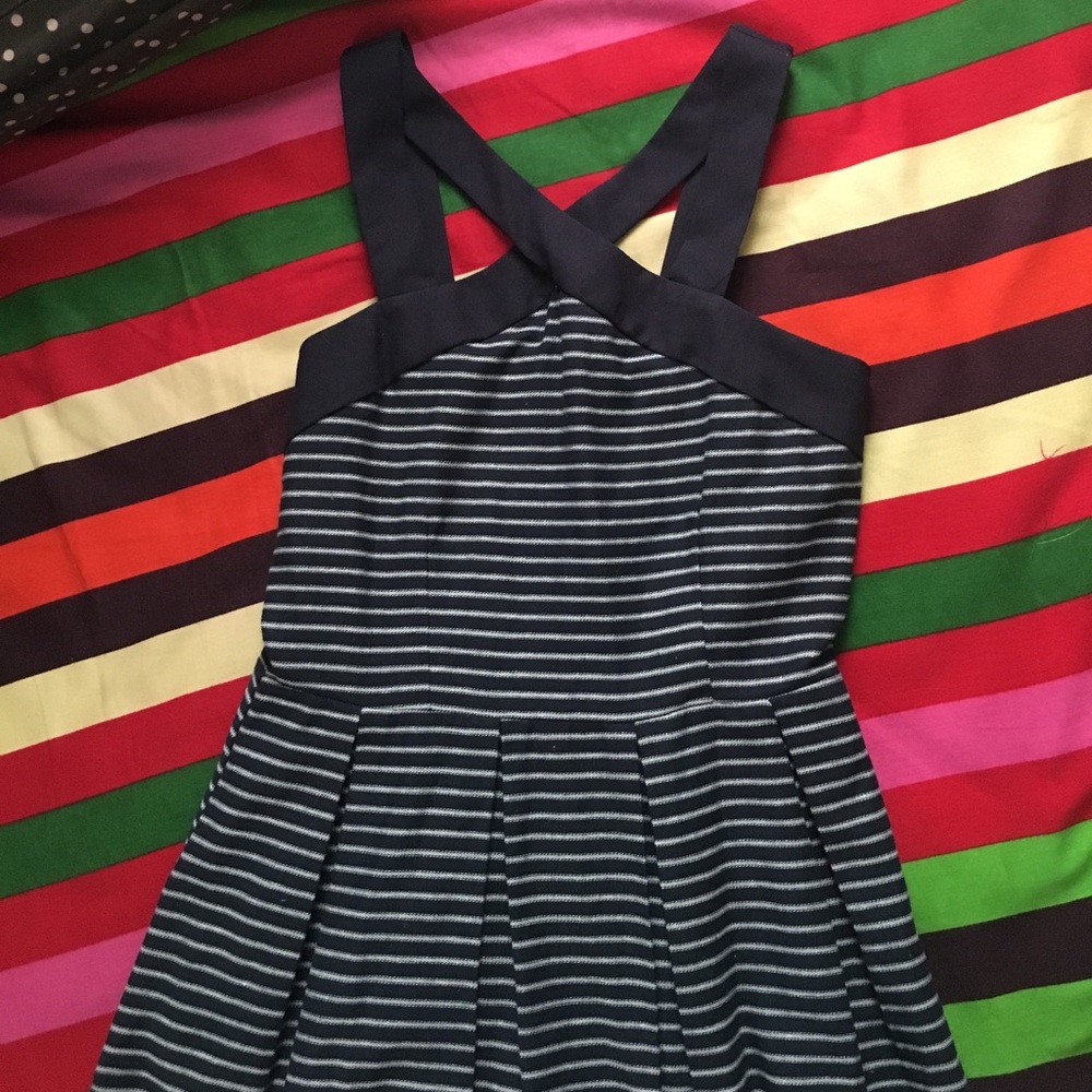 Cross neck navy striped dress
