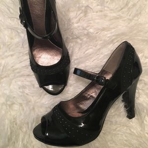 Black Patent Strap Heels with Embellishments.