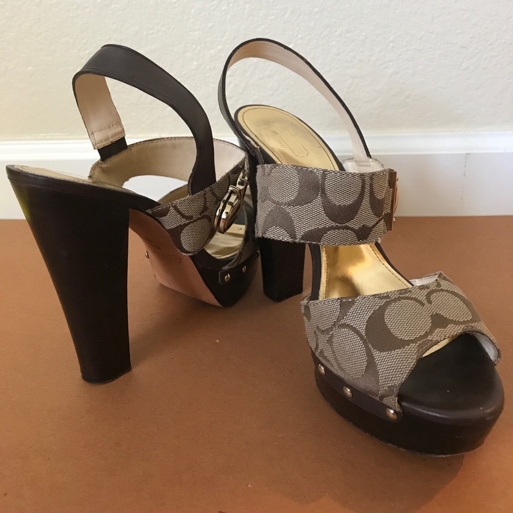 Classic Coach logo wooden high heel shoe.