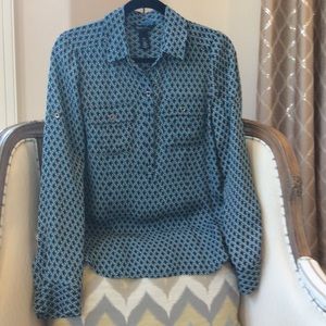 Teal and black print silk blouse