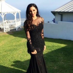 Long Sleeve Lace Applique Beaded Mermaid Dress