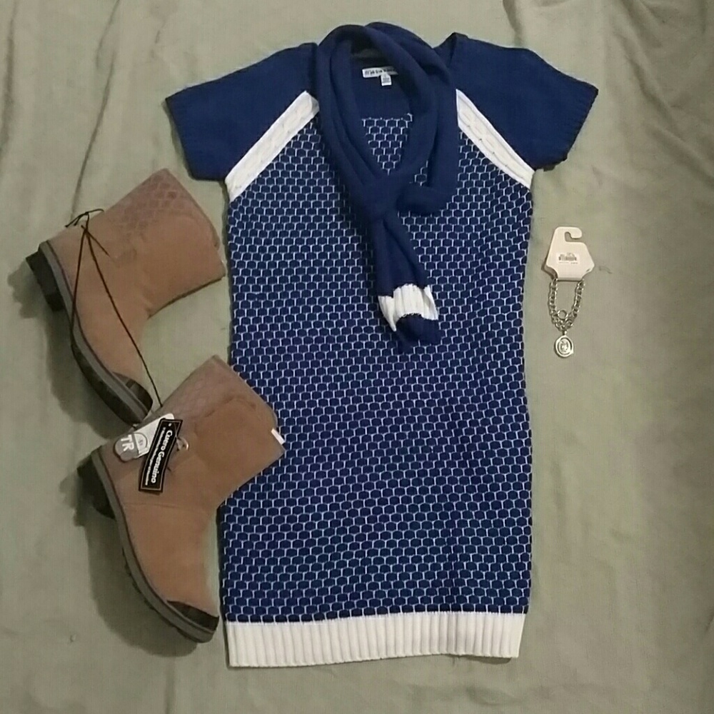 Blue sweater dress with matching scarf