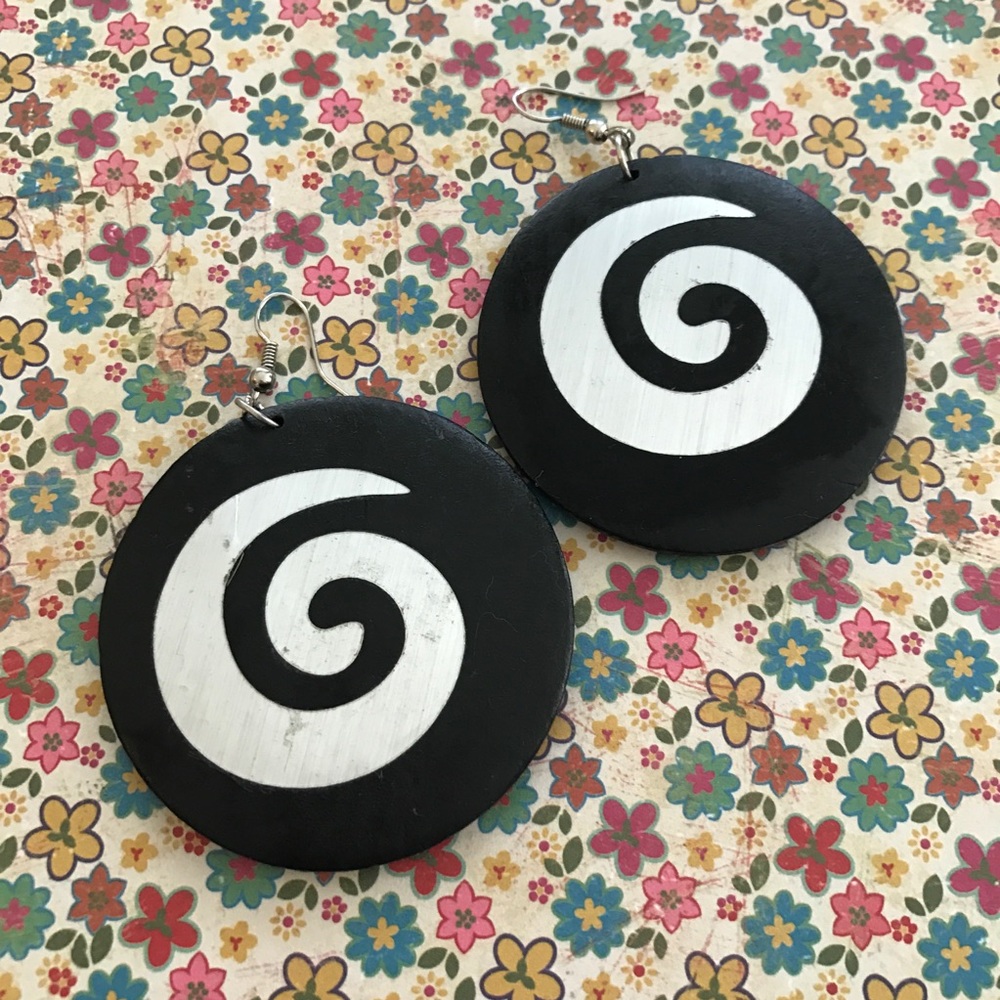 Black and White Spiral Wood Earrings