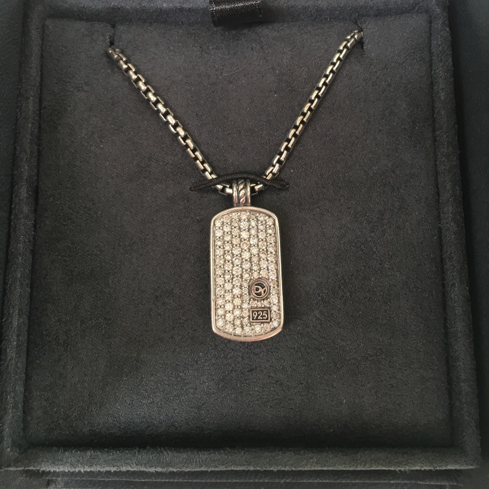 David Yurman White Diamond Pavé Dog Tag Necklace