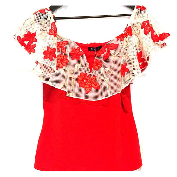 pastel Tops - Ruffle shoulder red Floral top