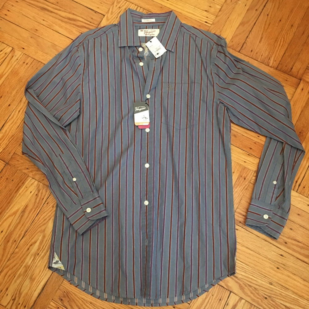 🆕 NWT- Penguin 🐧 Button down LS/stripe woven 🎉