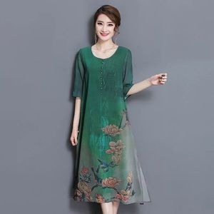 Silk dress birds and flowers