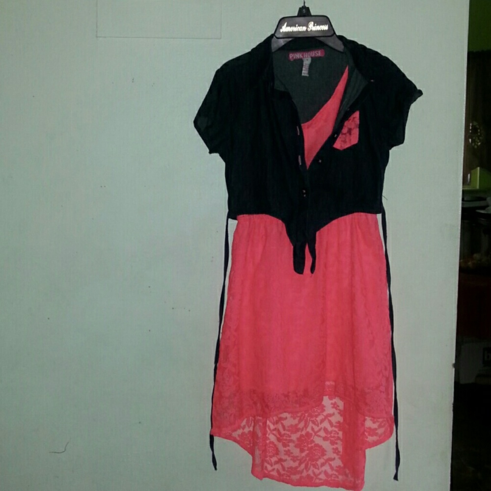 Sz8  Trendy girl's hi lo lace and denim dress