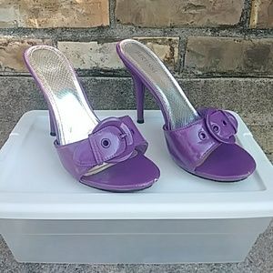 purple buckled heels