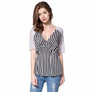 Womens 3/4 Sleeve Black White Striped Sheer Blouse