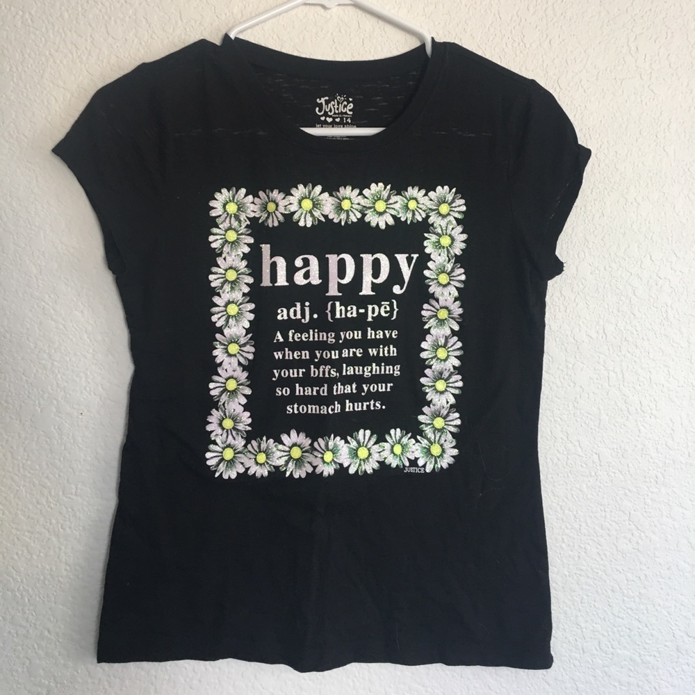 Black T-shirt with description of happy on it.