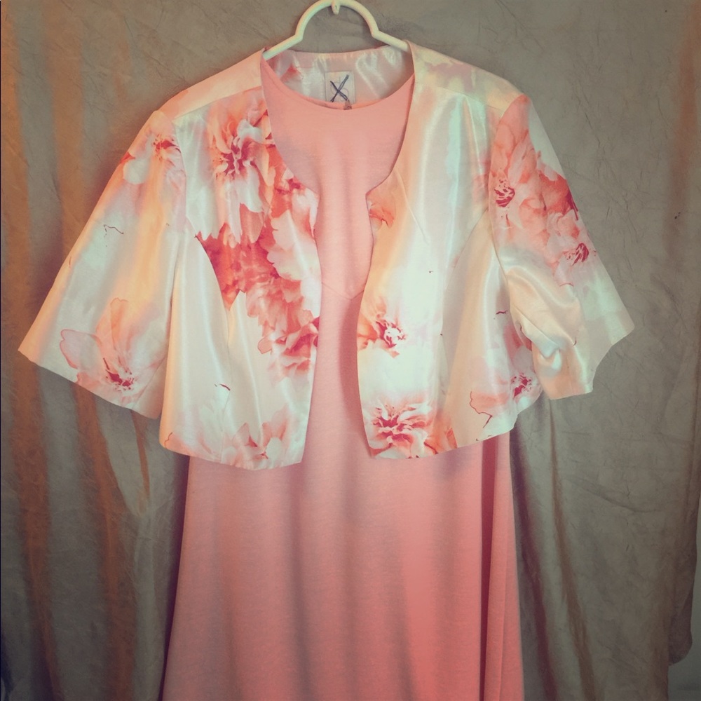 Two piece coral colored dress and bolero jacket