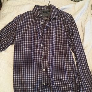 Br Men's dress shirt plaid. Maroon. Medium.
