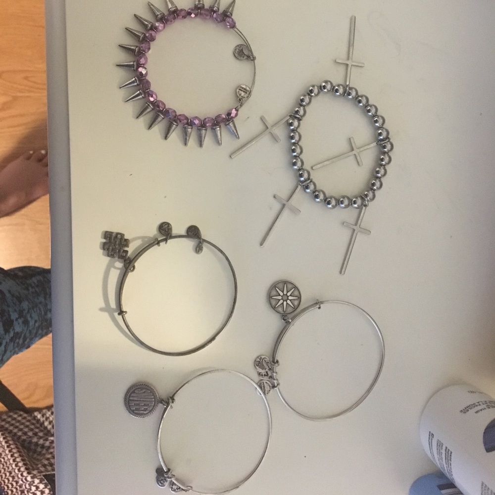 5 silver bracelets, 4 alex and Ani