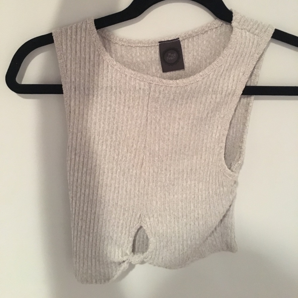 knit light grey crop top with knot in front. NWOT