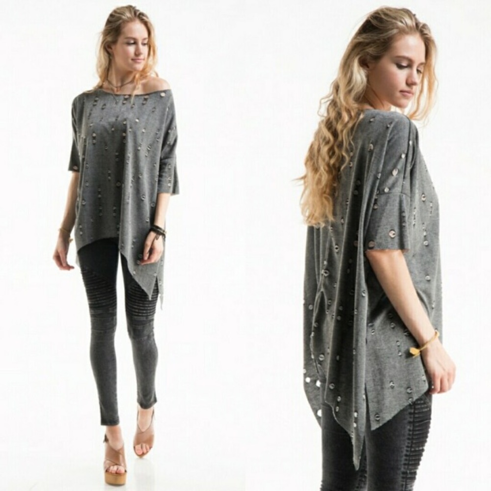 Distressed French terry boat neck top