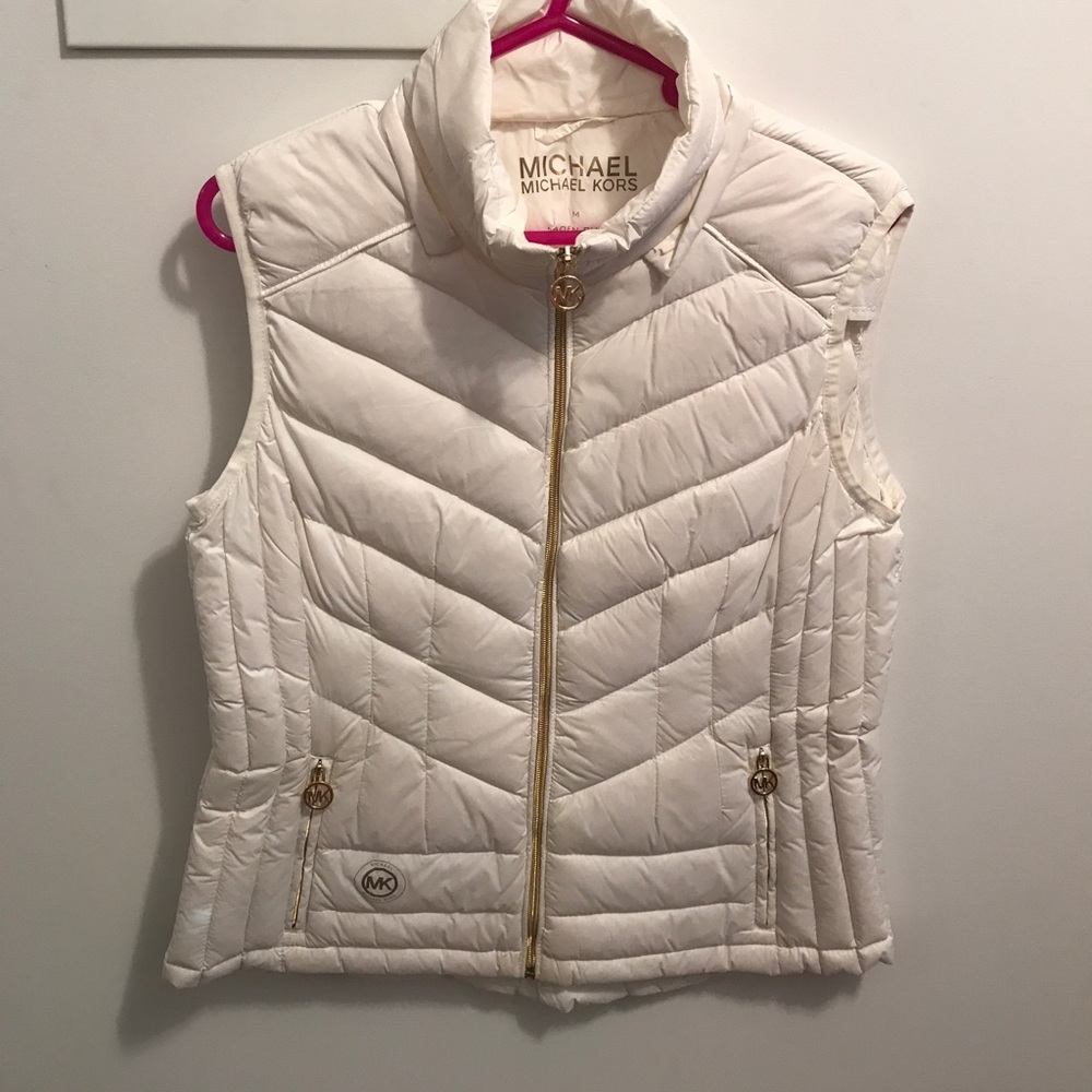 Michael Kors white puffer vest with gold accents