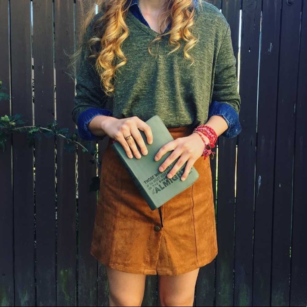 Suede button up skirt.