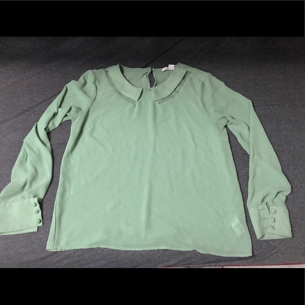 Sheer jade long sleeve blouse with collar