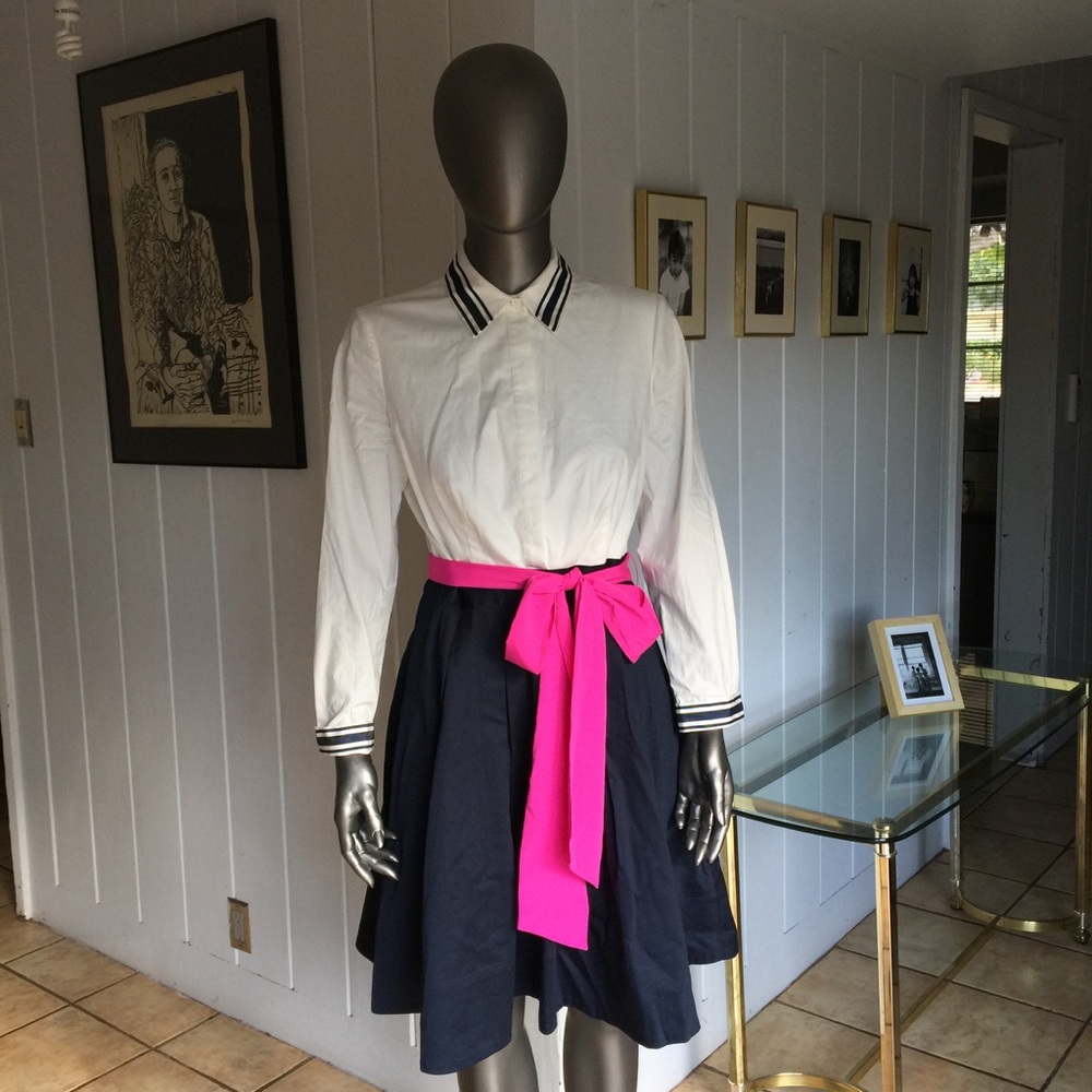 ELIZA J Poplin Dress Navy Blue + White + Pink Sash
