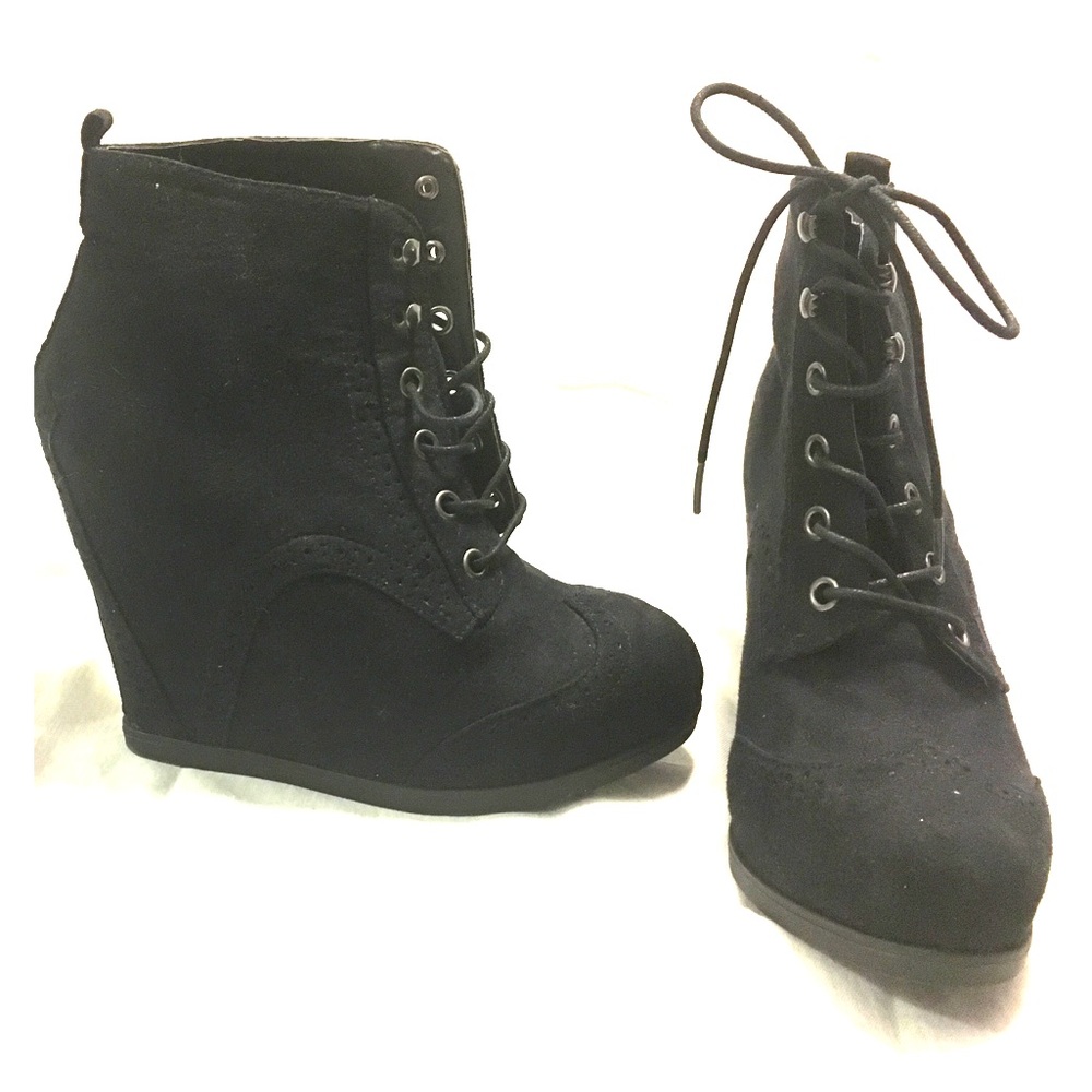 Black faux leather booties high heel wedge